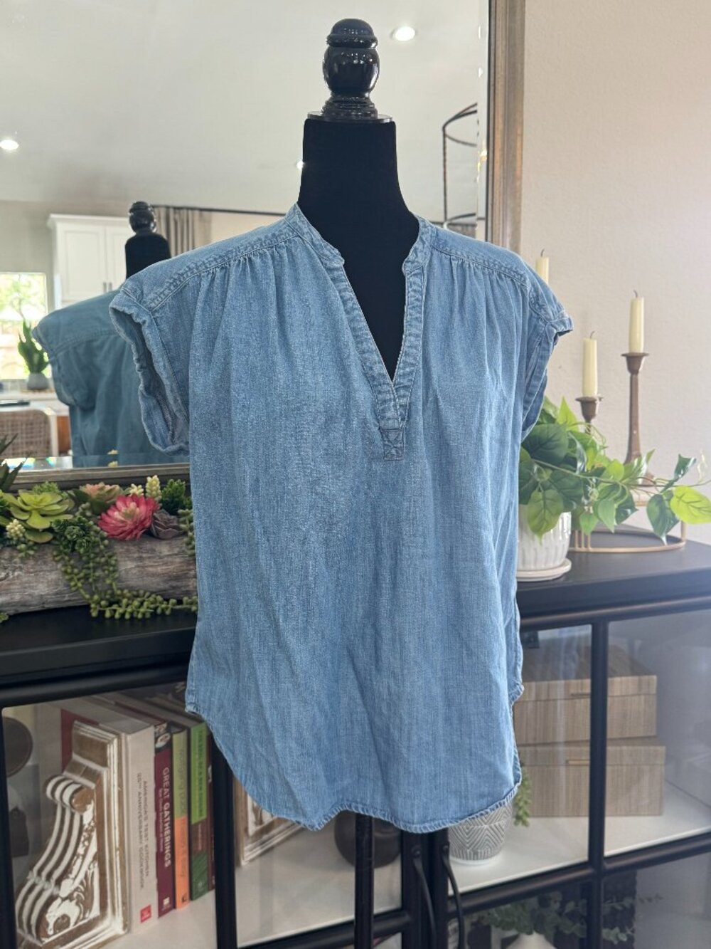 Gap Cuffed Cap Sleeve V-Neck Denim Look Shirt - Size S